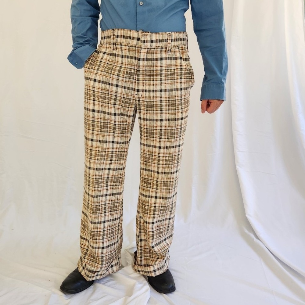 60s/70s Brown Plaid‎ Cuffed Trousers